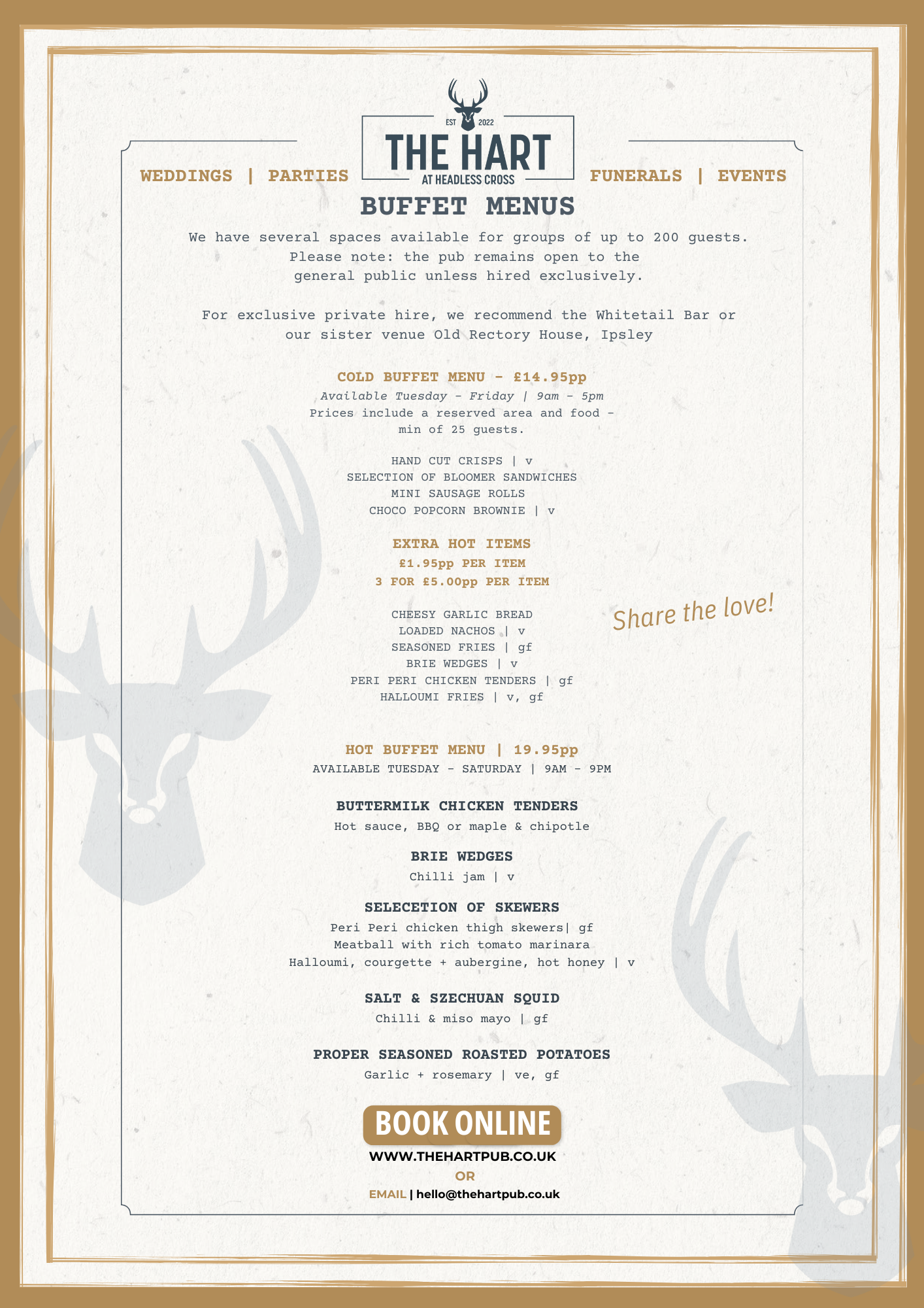 Buffet Menus for The Hart featuring hot and cold buffet menus for weddings, parties, funerals and events.