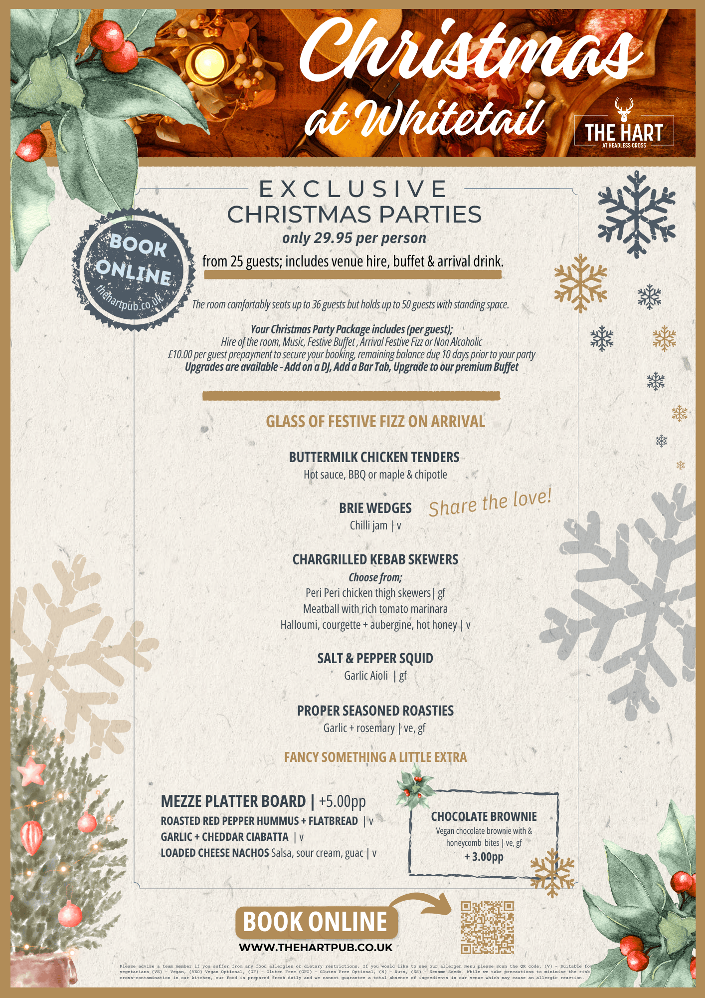 Christmas party flyer for 'Christmas at Whitetail' at The Hart featuring a menu and booking information.