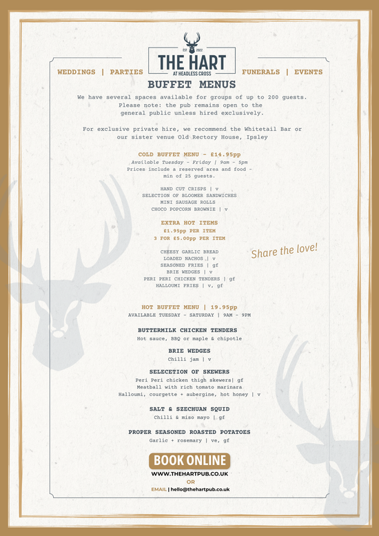 Buffet Menus for The Hart featuring hot and cold buffet menus for weddings, parties, funerals and events.