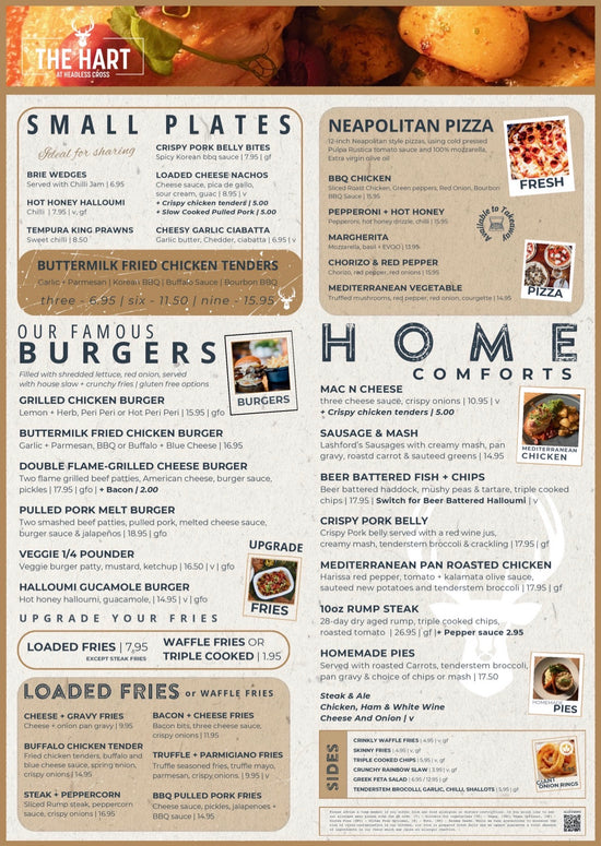 A printed restaurant menu from The Hart featuring sections for small plates, our famous burgers, famous fried items, loaded fries, and a home comfort menu, with photos of food and decorative headers.