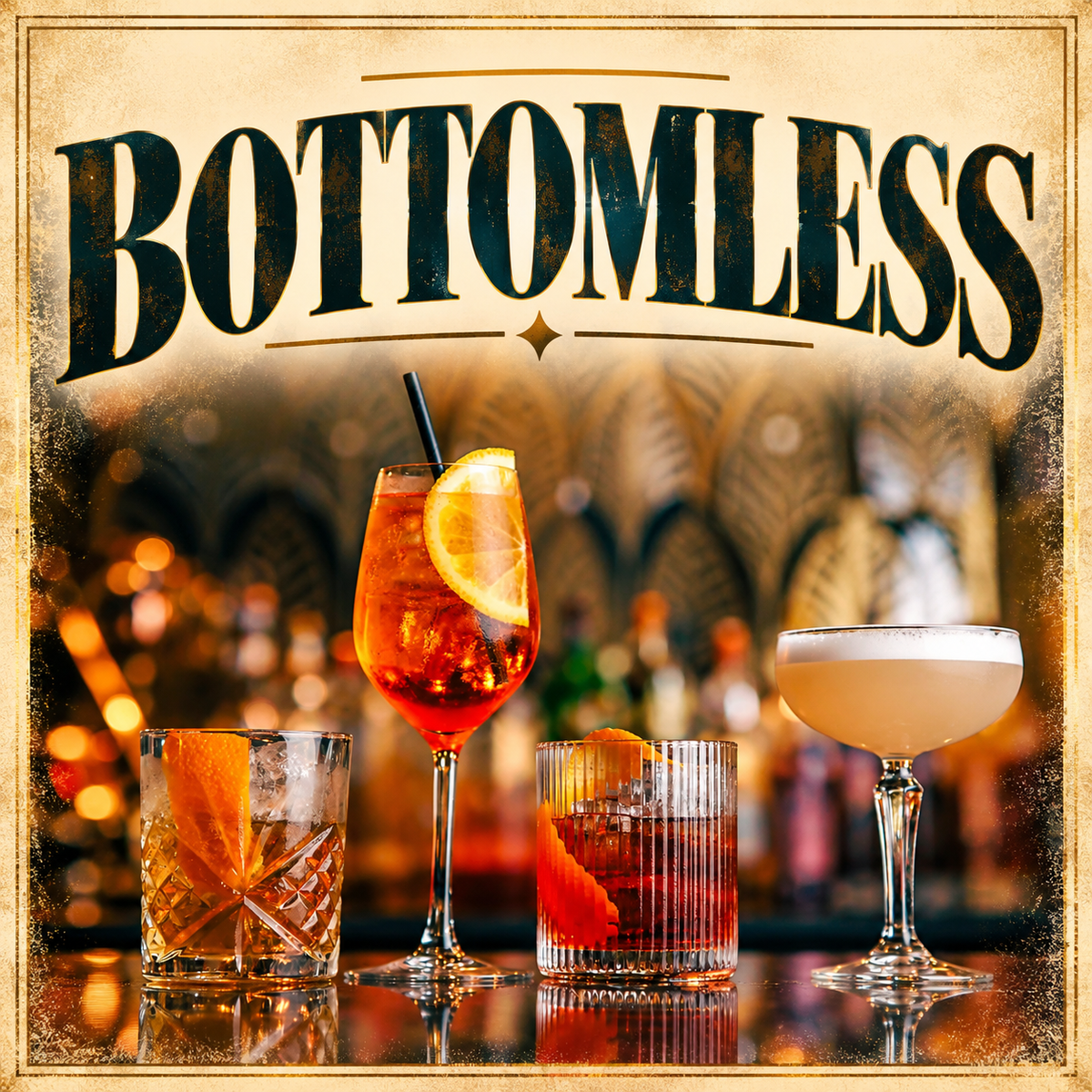 A promotional graphic for 'BOTTOMLESS' cocktails, featuring three prepared drinks on a bar counter with a blurred bar background. The drinks include an orange-red cocktail with a lemon slice and straw, a clear textured glass with an orange slice, and a creamy pale pink cocktail with a foam head.