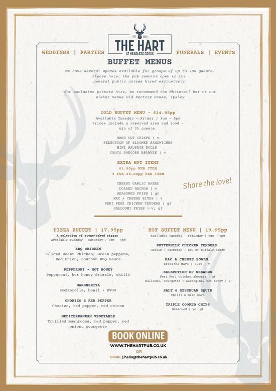 The Hart buffet menus featuring cold, pizza and hot buffet options for weddings, parties, funerals and events, with prices and booking information.