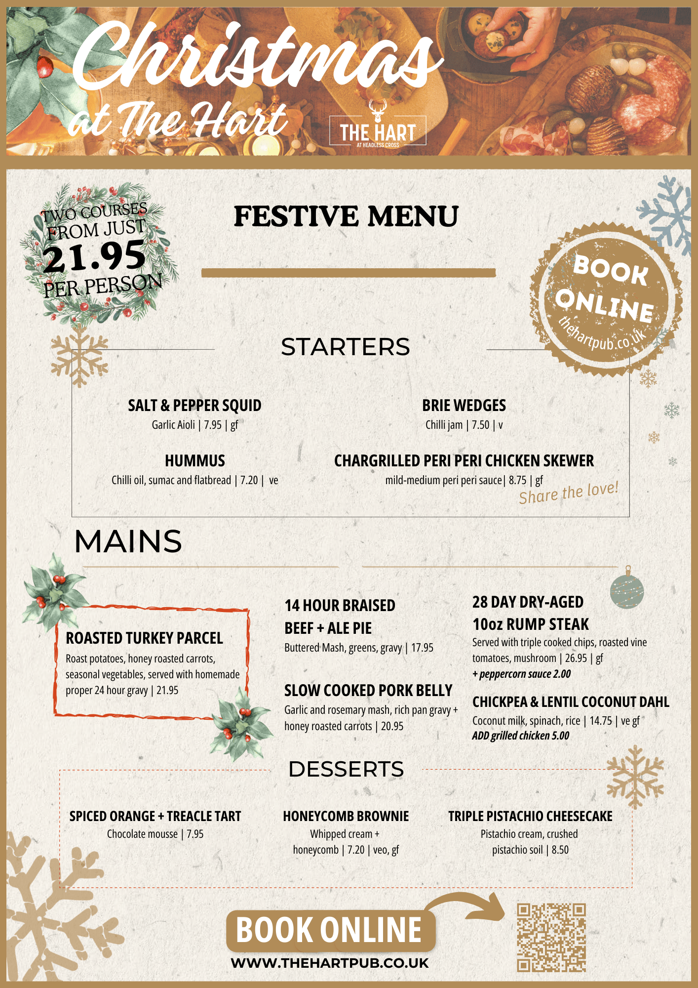 Christmas menu from The Hart pub with festive design elements.