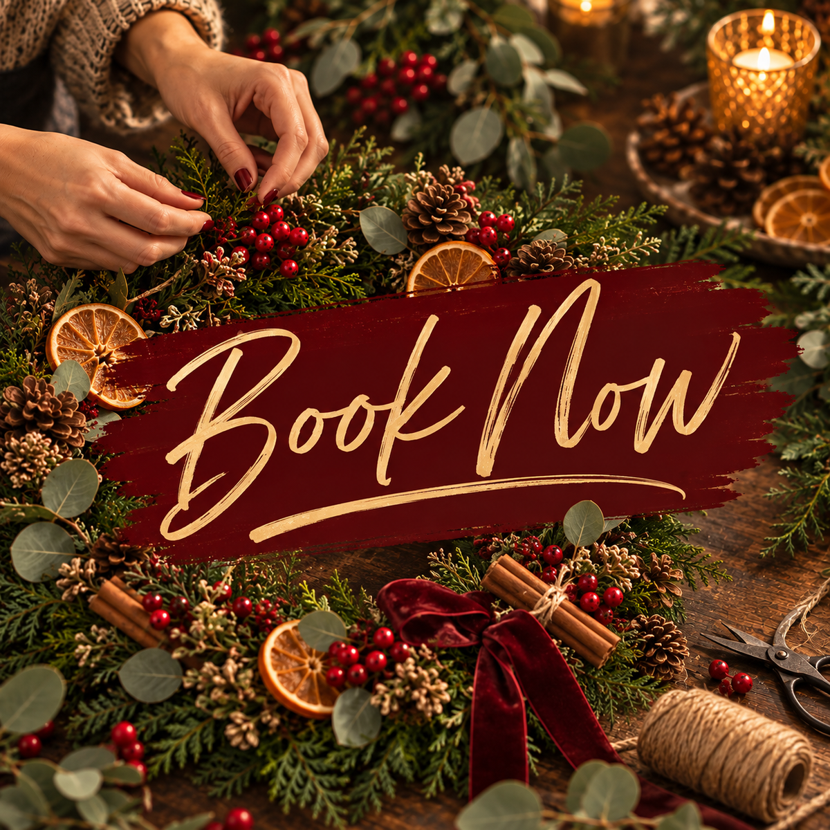 Christmas Wreath Making Workshop at The Hart. Enjoy a festive drink as you create your own beautiful 12-inch wreath using locally foraged foliage, dried fruit, cinnamon, pinecones and ribbons.