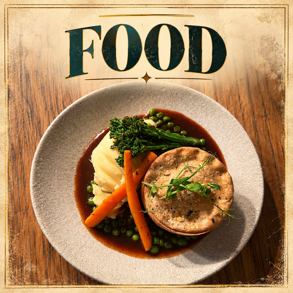 A plated cooked meal on a textured light gray plate, featuring mashed potatoes, broccoli, peas, carrots, and a round bread or pastry topped with herbs, set on a wooden surface with a large 'FOOD' title above.