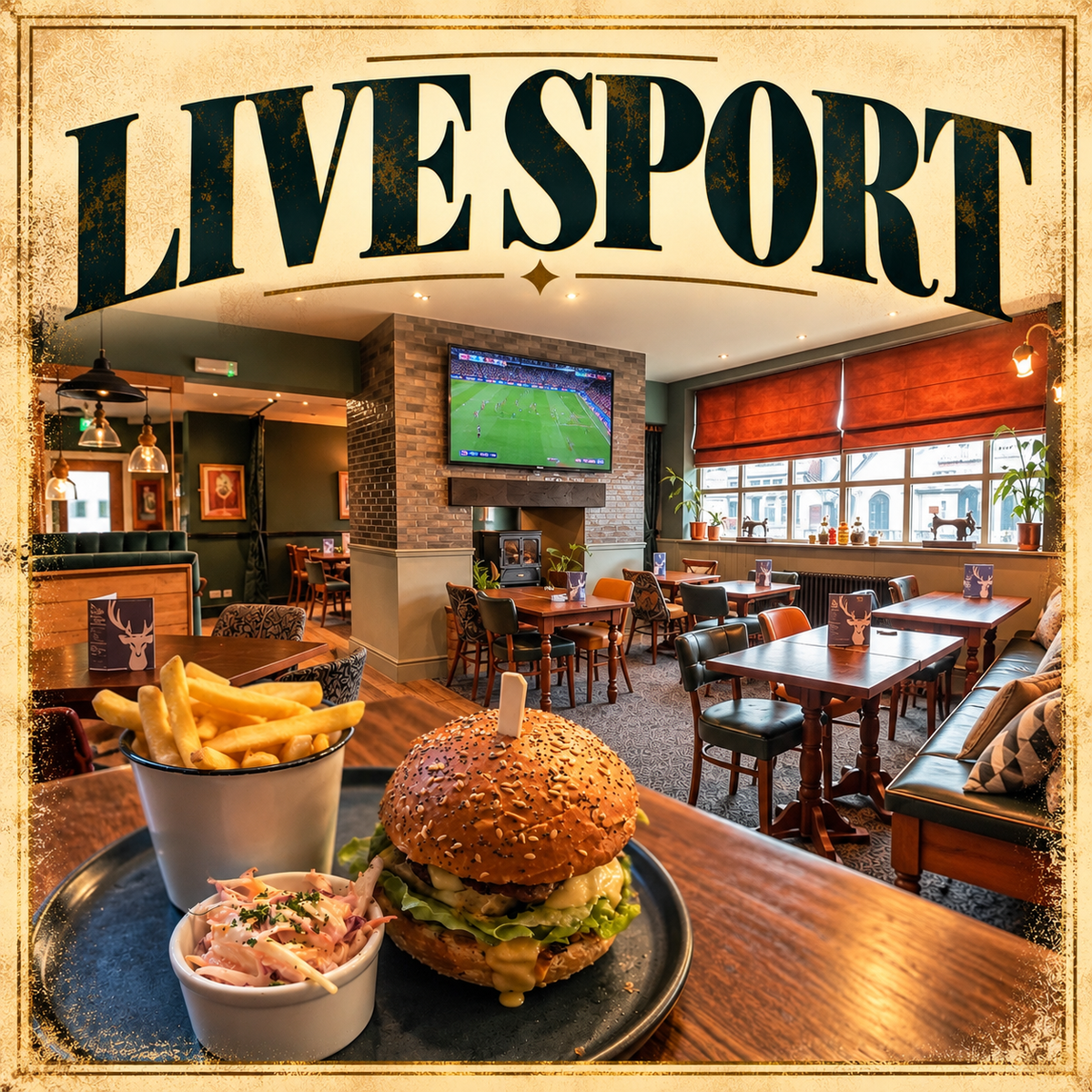 A plated burger with fries and a small side of coleslaw sits on a wooden table in a pub interior, with a large TV showing a soccer match in the background and a distressed 'LIVE SPORT' banner across the top.