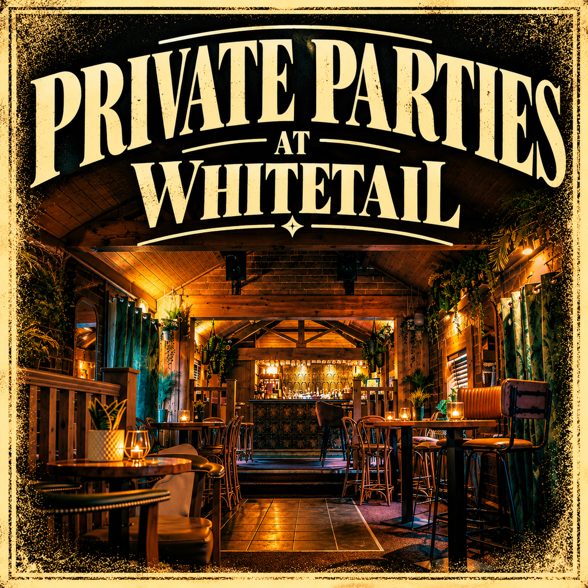 Book Whitetail for small parties, or The Hart for larger gatherings. Buffet menus are available for parties and events, and our sister venue Old Rectory House suits bigger occasions.