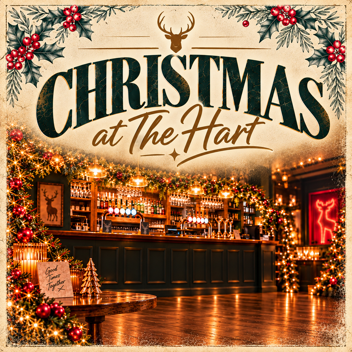A festive Christmas-themed graphic with the words “Christmas at The Hart” in large decorative lettering above a warmly lit pub interior. The scene is decorated with holly, red berries, garlands, string lights, and a wooden bar with bottles and taps.