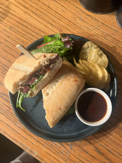 The Hart steak ciabatta sandwich served with crisps, fresh salad and dipping sauce in Redditch