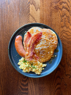 The Hart winter full English pancakes with bacon, scrambled eggs and syrup in Redditch
