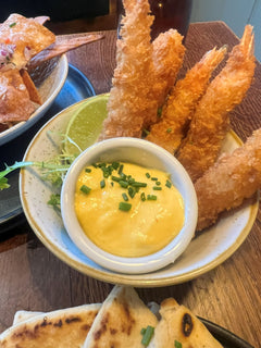 The Hart winter tempura king prawns served with dipping sauce, fresh lime and salad in Redditch