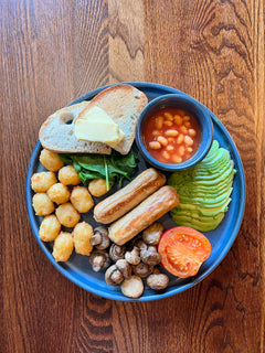 The Hart winter vegan breakfast with avocado, baked beans, spinach, mushrooms, tomato and crispy potato tots in Redditch